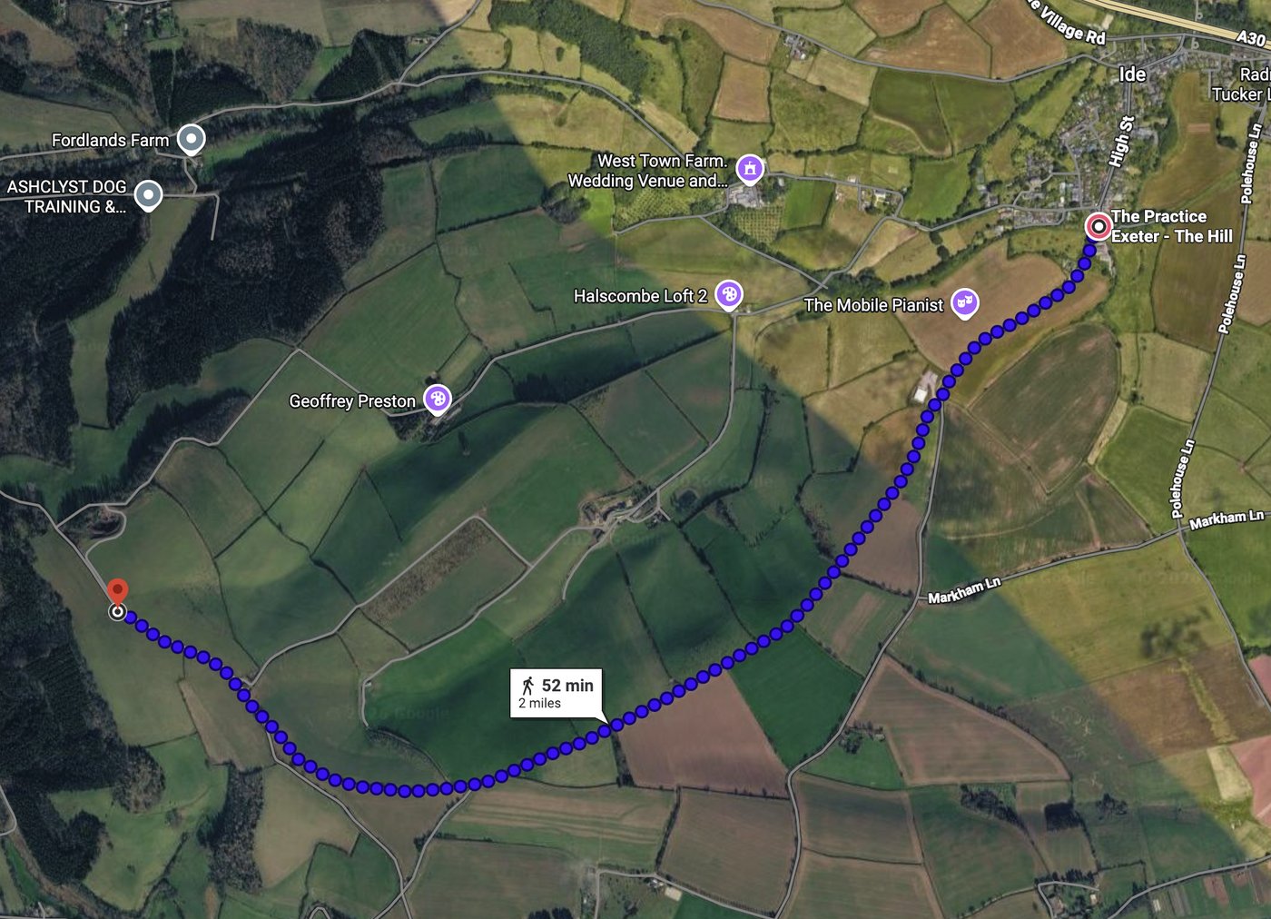 Map of the route: two miles from Ide up the hill and back